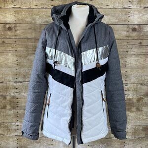 Arctic Trail Womens Grey White Colorblock Hooded Puffer Jacket Metallic Silver L